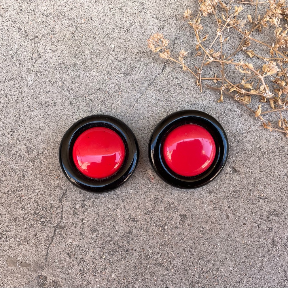 Vintage. Large Circular Clip On Earrings, Red + Black
